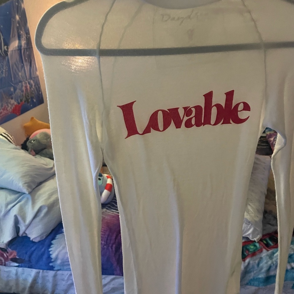 Dolls Kill White Long Sleeve Shirt with Red 'Lovable' Print